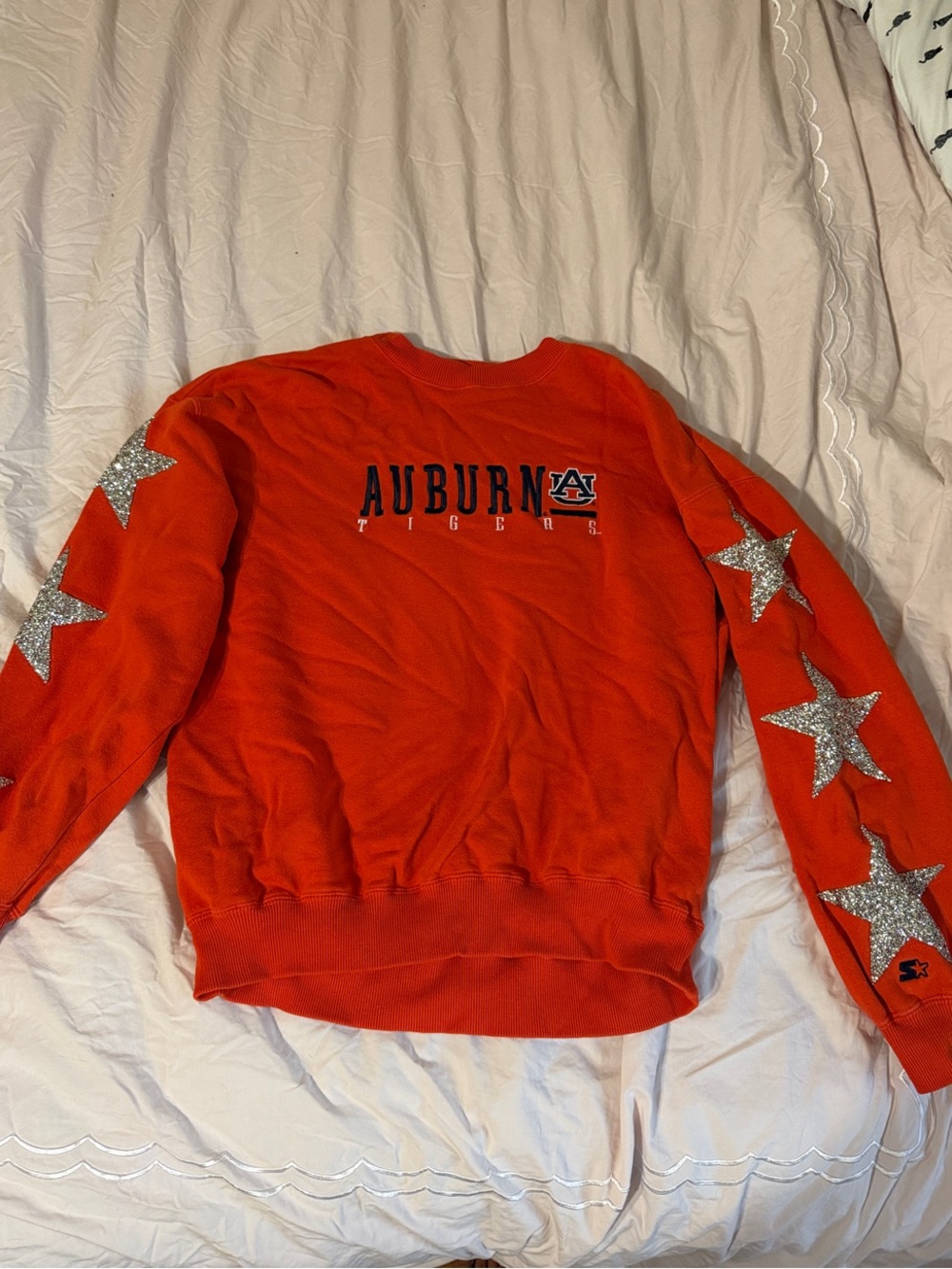 Auburn Tigers Orange Vintage Crewneck Sweater with Silver Studded Star Sleeves